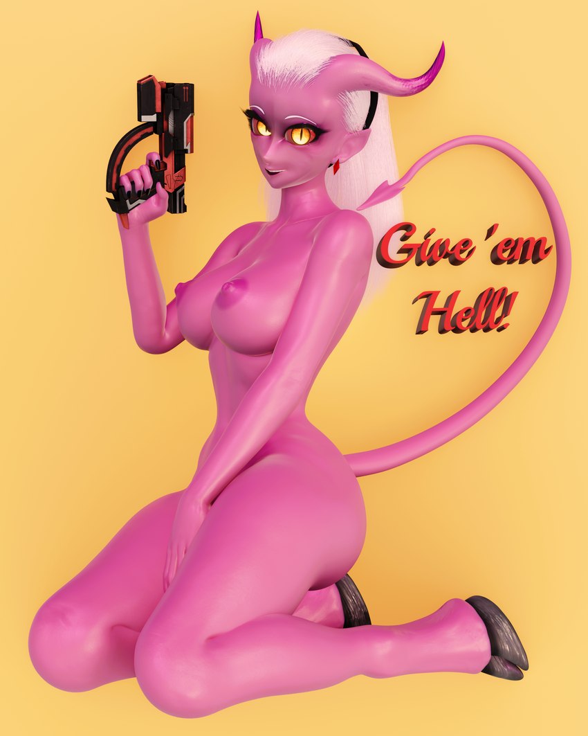 big_breasts breasts curved_horn ear_piercing female gun hair holding_gun holding_object holding_ranged_weapon holding_weapon hooves horn humanoid_pointy_ears kneeling looking_at_viewer mature_female nipples nude piercing pink_body pointy_ears pose ranged_weapon simple_background smile solo spade_tail tail text unguligrade weapon white_hair yellow_background yellow_eyes lorded samzan_(modeler) helluva_boss mrs._mayberry_(helluva_boss) demon demon_humanoid humanoid 2023 3d_(artwork) absurd_res digital_media_(artwork) english_text hi_res pinup