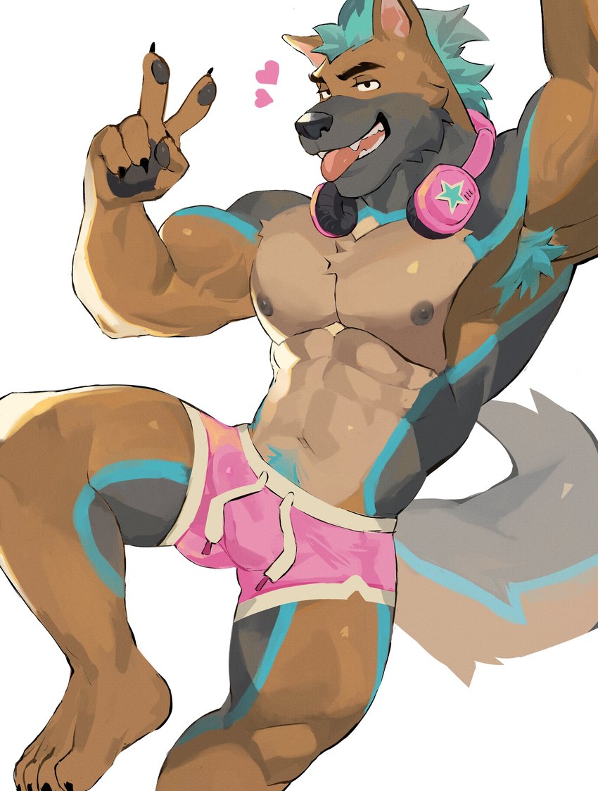 abs anthro barazoku biceps black_body black_fur black_nipples boxers_(clothing) boxers_only brown_body brown_fur bulge clothed clothing electronics fur gesture hand_gesture headphones headphones_around_neck heart_symbol male muscular muscular_anthro muscular_male nipples pecs pink_boxers pink_clothing pink_underwear pubes shirtless_anthro shirtless_male solo tongue tongue_out topless underwear underwear_only v_sign spamzilla canid canine canis mammal wolf 2024 absurd_res hi_res