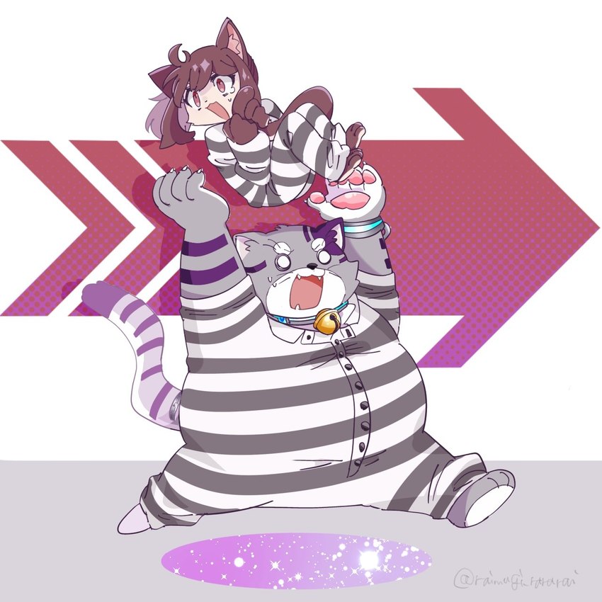 anthro brown_body brown_fur duo female fur male overweight prison_uniform purple_body purple_fur running striped_body striped_fur stripes raimugi_rararai lifewonders live_a_hero bygul cat_operator protagonist_(live_a_hero) domestic_cat felid feline felis mammal 1:1 hi_res