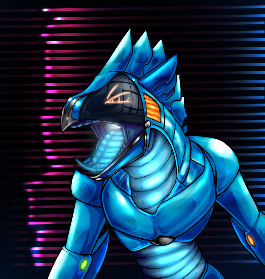 80's_theme ambiguous_gender anthro beak glistening glistening_body glowing glowing_markings glowing_tongue machine markings metallic_body mouth_shot open_mouth retro screen screen_face solo tongue akudrache shebby android avian robot hi_res