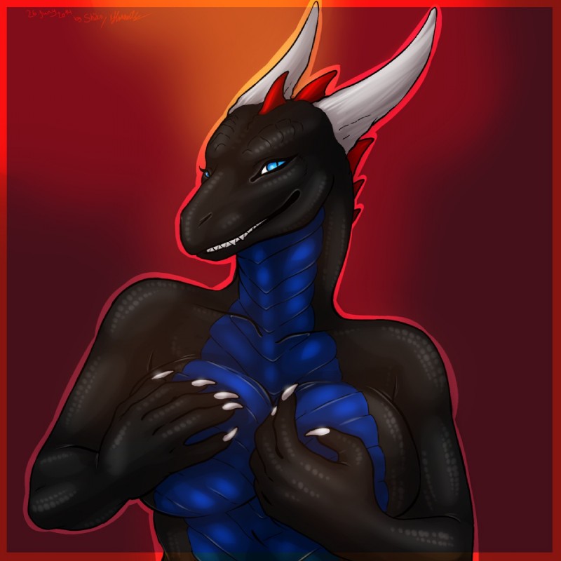 anthro biped black_body black_skin blue_body blue_eyes blue_skin breasts claws covering covering_breasts covering_self female hand_on_breast horn looking_at_viewer non-mammal_breasts smile solo standing teeth shikoyote mythology cabal-revolution dragon mythological_creature mythological_scalie scalie 1:1 2014 hi_res