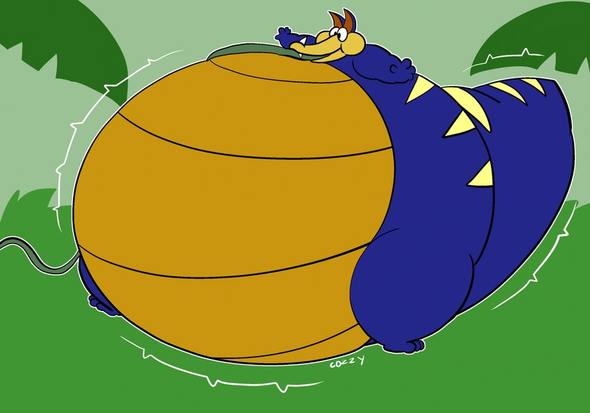 3_toes 4_fingers abstract_background anthro balloon_belly belly belly_inflation biped blue_body blue_scales cheek_bulge facial_horn feet fingers forest grass horn hose hose_in_mouth hose_inflation inflating inflation inflation_fetish jungle jungle_background leaf lines_drawn liquid_inflation male markings nature nature_background nose_horn orange_inner_ear outside palm_leaves plant scales solo standing striped_markings striped_tail stripes tail tail_markings toes toony tree ventral_scales water_inflation yellow_belly yellow_body yellow_scales yellow_stripes yellow_underbelly cozzy_(artist) kratts'_creatures pbs ttark dinosaur prehistoric_species reptile scalie 2023 colored digital_drawing_(artwork) digital_media_(artwork) flat_colors hi_res signature