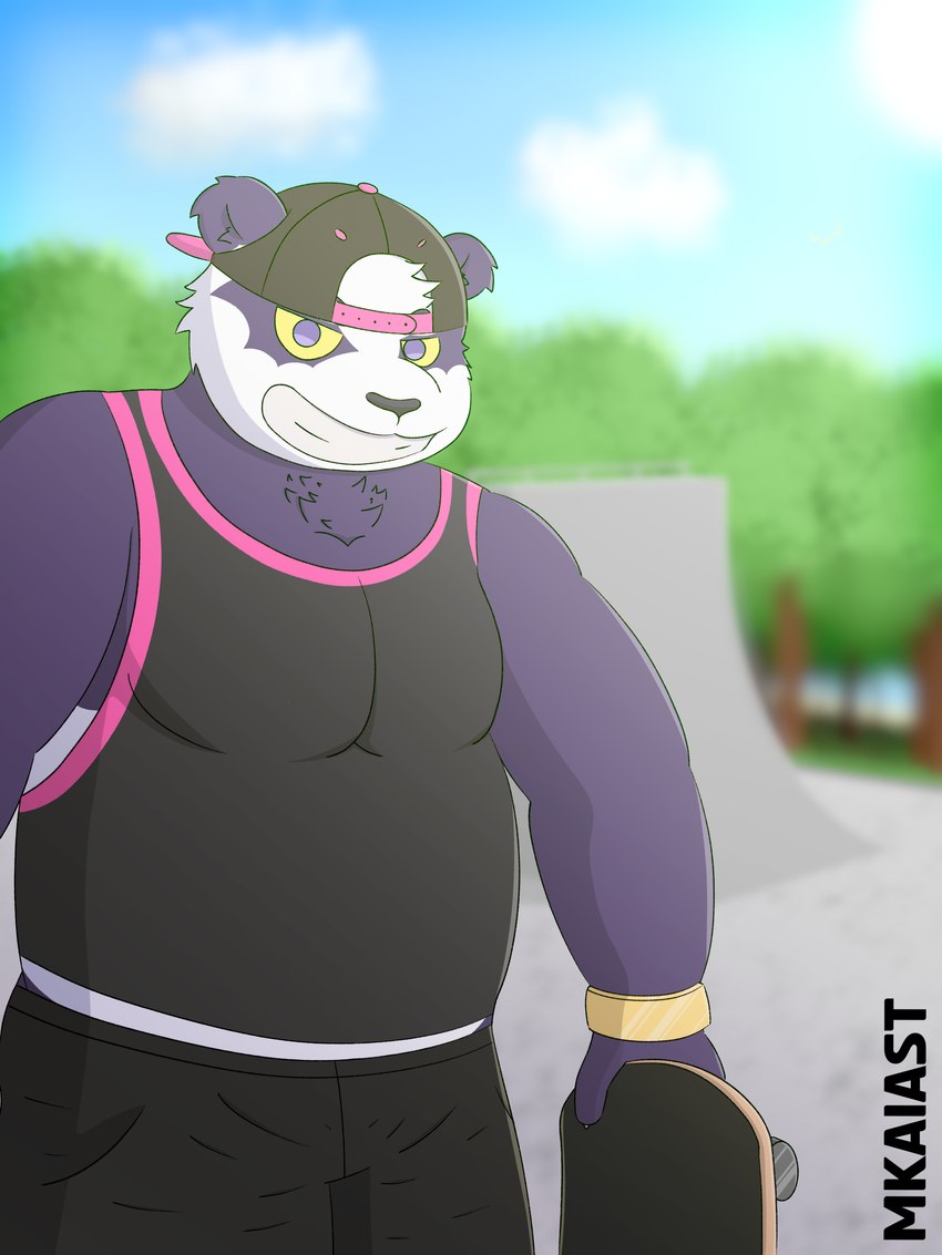 anthro black_clothing blurred_background bottomwear bracelet clothing fur hat headgear headwear jewelry male pink_clothing purple_body purple_fur shirt shorts skate_park skateboard slightly_chubby solo tank_top topwear vehicle white_body white_fur yellow_sclera mkaiast lifewonders tokyo_afterschool_summoners alp_(tas) bear giant_panda mammal 3:4 absurd_res hi_res