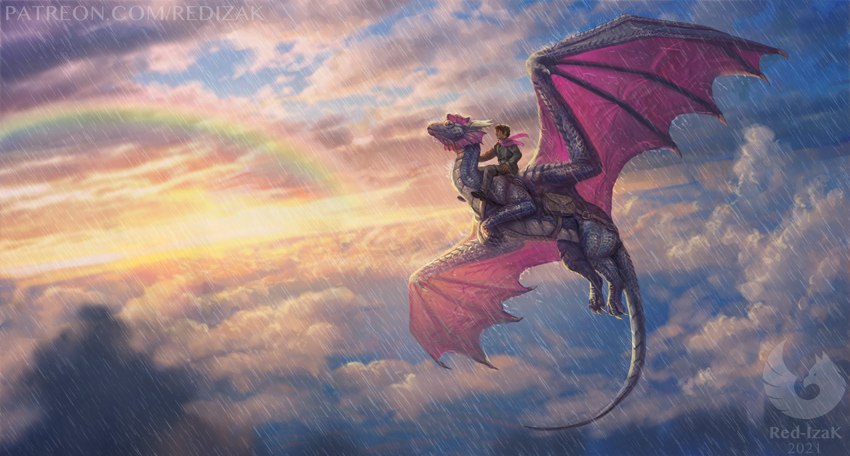 claws clothed clothing cloud countershade_torso countershading day detailed_background detailed_scales duo feral flying frill_(anatomy) horn membrane_(anatomy) membranous_frill membranous_wings mount outside paws purple_body purple_membrane purple_scales rainbow raining riding scales sitting sky skyscape spines spread_wings tail wet wet_body wet_scales wings red-izak european_mythology mythology smonia uther_(red-izak) dragon human mammal mythological_creature mythological_scalie scalie western_dragon 2021 detailed hi_res shaded