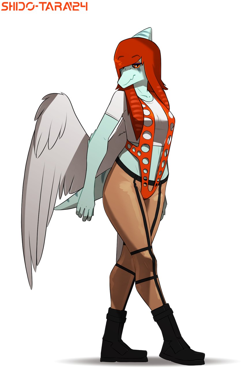 5_fingers amber_eyes anthro bone_frill clothed clothing cosplay crop_top feathered_wings feathers female fingers frill_(anatomy) hair looking_at_viewer red_hair shirt simple_background smile smiling_at_viewer solo topwear wings conditional_dnp shido-tara goodbye_volcano_high the_fifth_element fang_(gvh) leeloo dinosaur prehistoric_species pterodactylus pterosaur reptile scalie 2024 crossover digital_drawing_(artwork) digital_media_(artwork) full-length_portrait hi_res portrait sketch