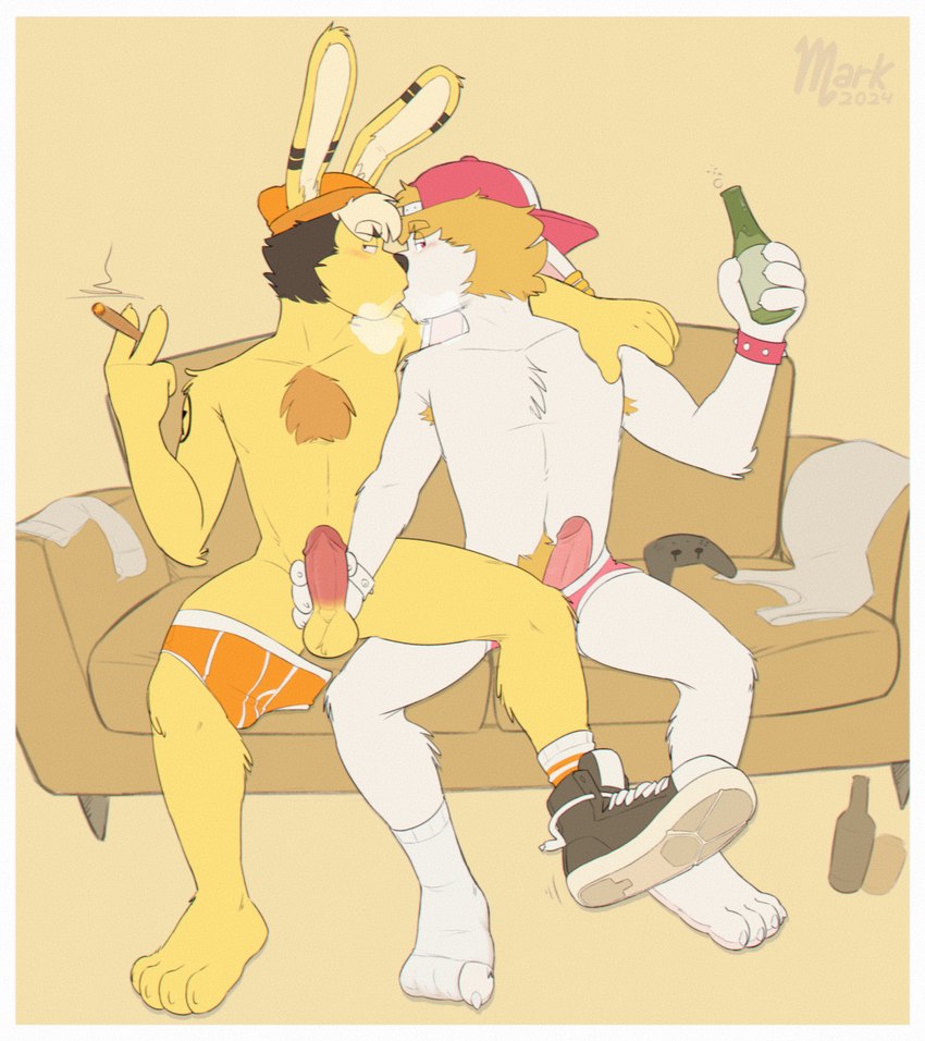 anthro athletic athletic_anthro athletic_male big_penis biped cigarette clothing duo erection french_kissing fur genitals handjob humanoid_genitalia humanoid_penis kissing male male/male penile penis sex undressing white_body white_fur wine_bottle yellow_body yellow_fur markybuns mark_(markybuns) lagomorph leporid mammal rabbit 2024 absurd_res hi_res