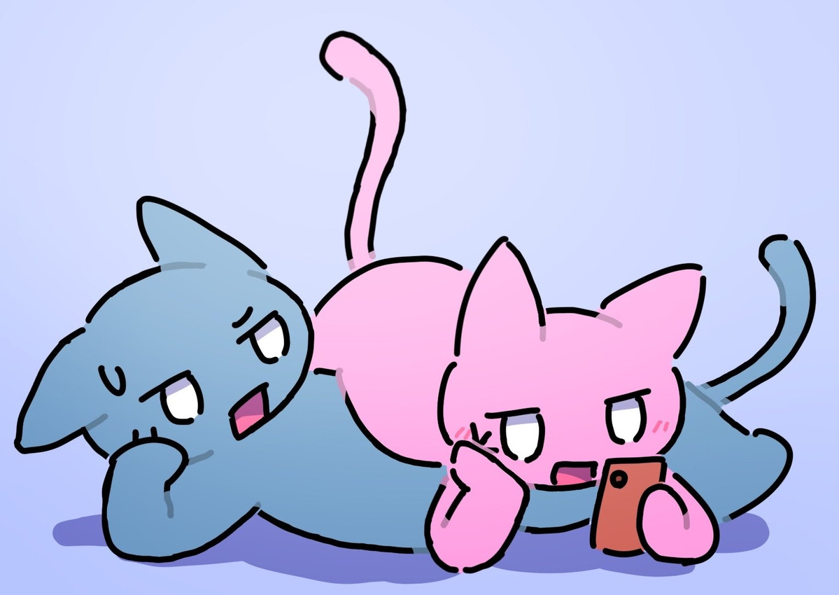 ambiguous_gender annoyed anthro belly blue_background blush blush_lines bodily_fluids bored duo ears_down electronics eyebrows female looking_at_object looking_at_phone lying_on_another male male/female monotone_background open_mouth phone pivoted_ears raised_tail red_phone resting_head shadow simple_background squish sweat sweatdrop tail white_eyes yosixi a-chan_(yosixi) ego-kun felid feline mammal painting_(artwork) watercolor_(artwork)