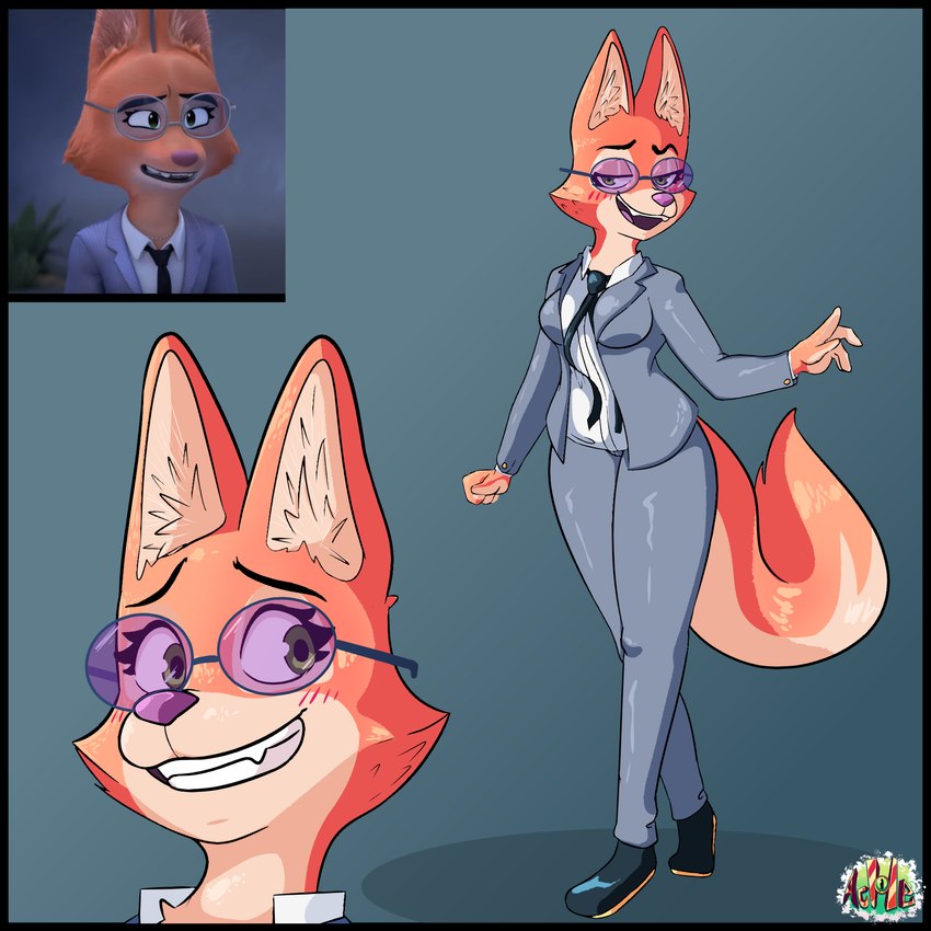 anthro black_border blush border clothing eyewear female fur glasses green_eyes orange_body orange_fur purple_eyewear purple_glasses smile solo suit mr_ache dreamworks the_bad_guys diane_foxington canid canine fox mammal 1:1 hi_res