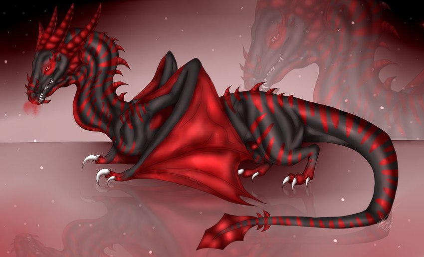 feral glistening glistening_eyes grey_body horn male membrane_(anatomy) membranous_wings mouth_closed red_eyes red_horn red_stripes red_wings sharp_teeth solo striped_neck stripes teeth wings scarlanya mythology srt dragon mythological_creature mythological_scalie scalie