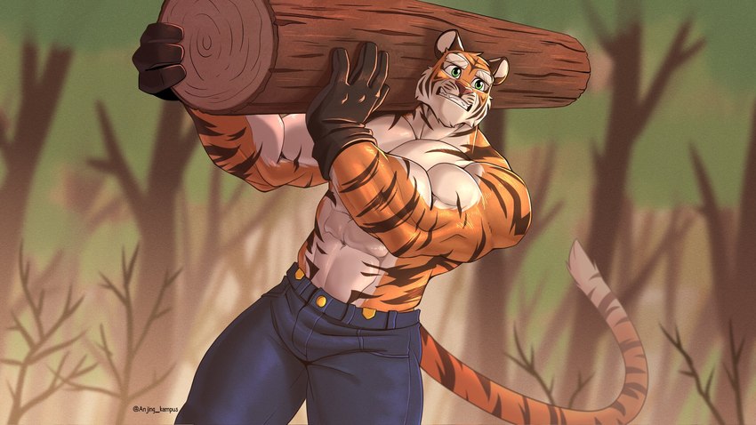 abs anthro barazoku biceps big_muscles bottomwear clothed clothing denim denim_bottomwear denim_clothing dutch_angle forest fur gloves handwear holding_log holding_object holding_wood jeans log lumberjack male muscular muscular_anthro muscular_male navel outside pants plant solo standing text topless topless_male tree tuft walnut_(anjing) wood working anjing_kampuss felid mammal pantherine tiger 16:9 2021 hi_res url widescreen