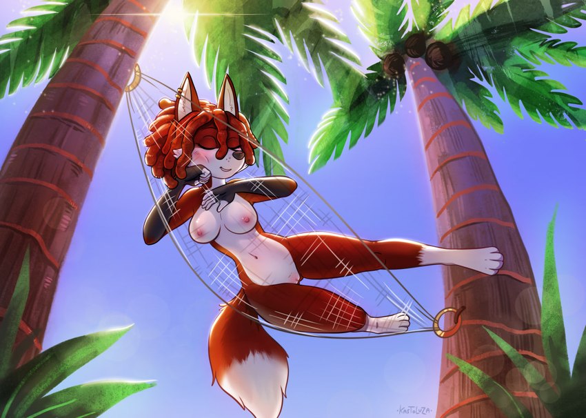 4_toes anthro areola beach breasts casual_nudity eyes_closed feet female fingers fur genitals hair hammock lying navel nipples nude nude_anthro nude_beach nude_female on_front outside palm_tree plant pussy sleeping smile solo tail toes tree kastoluza canid canine fox mammal digital_media_(artwork)