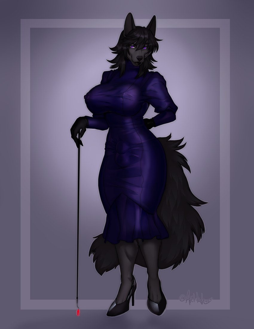 anthro big_breasts biped black_clothing black_footwear black_hair black_high_heels black_lips breasts bulge clothed clothing detailed_bulge dress footwear fully_clothed genital_outline gynomorph hair hand_behind_back high_heels intersex lips nipple_outline purple_clothing purple_dress purple_eyes sheath_outline shoes smile solo tail tight_clothing year arctikah_(artist) gherwinh_riel canid canine canis jackal mammal 2021 digital_media_(artwork) full-length_portrait hi_res portrait