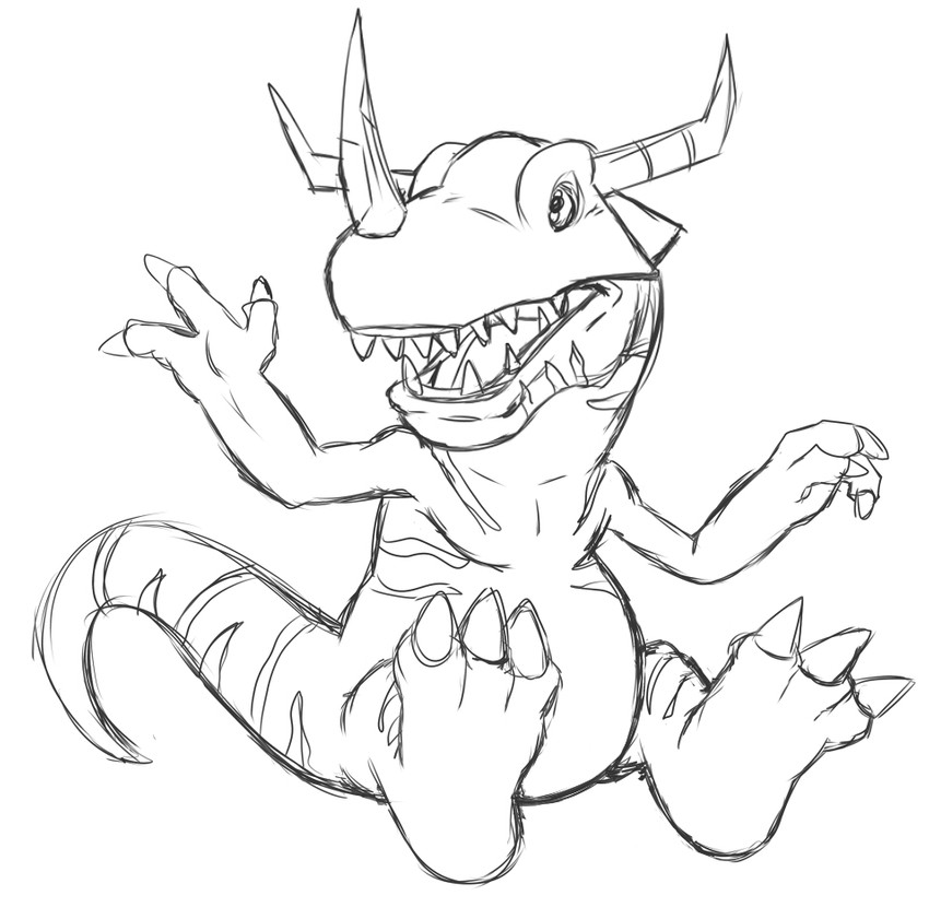 3_fingers ambiguous_gender anthro fingers horn open_mouth sharp_teeth simple_background solo striped_body stripes teeth teeth_showing white_background matsutzu thegreatmatsutzu bandai_namco digimon digimon_(species) greymon black_and_white monochrome sketch