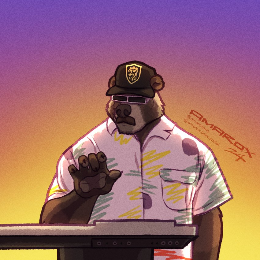 anthro clothing eyewear facial_hair hat headgear headwear keyboard male mustache playing_music shirt solo standing stocky sunglasses sunrise topwear amarox bear brown_bear mammal ursine 1:1 digital_drawing_(artwork) digital_media_(artwork)