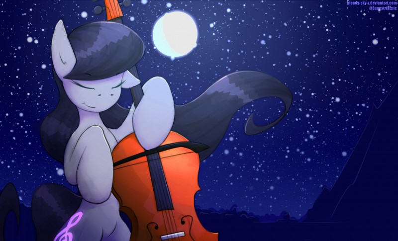 black_hair cutie_mark eyes_closed female feral fur grey_body grey_fur hair hooves moon night outside sky smile solo star starry_sky text queenbloodysky friendship_is_magic hasbro my_little_pony octavia_(mlp) equid mammal absurd_res hi_res url