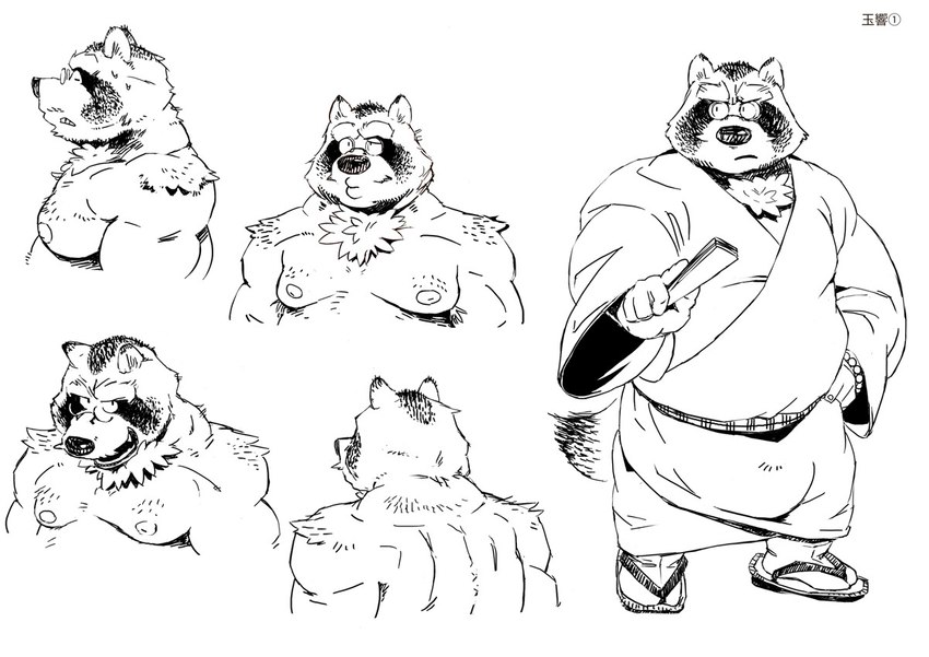 anthro belly clothing footwear kemono male mature_male moobs multiple_poses nipples overweight overweight_male pose robe sandals shoes simple_background solo white_background motogen canid canine mammal raccoon_dog tanuki 2011 model_sheet