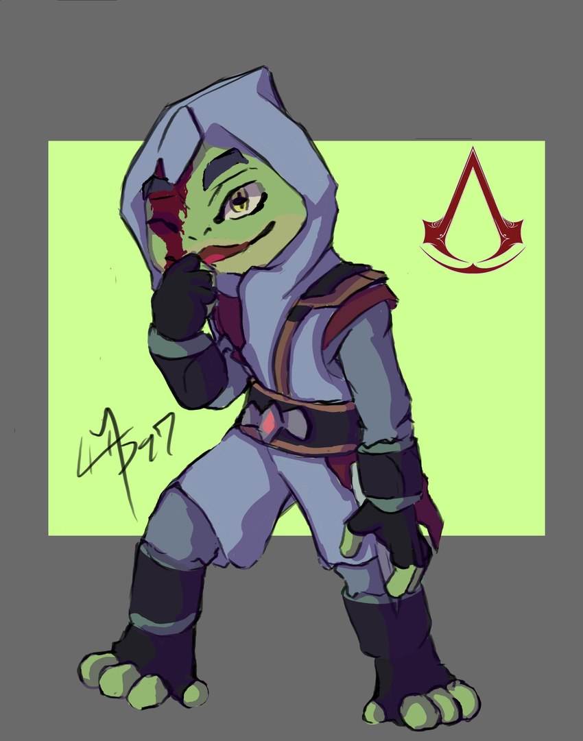 anthro assassin blood blood_on_face bodily_fluids hidden_blade male solo danfurart assassin's_creed captain_laserhawk:_a_blood_dragon_remix ubisoft bullfrog_(captain_laserhawk) amphibian frog absurd_res hi_res sketch