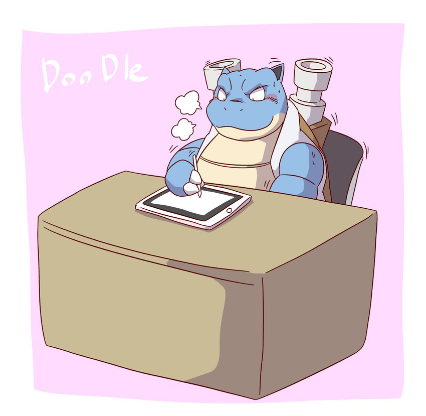 anthro blue_body blush bodily_fluids body_weapon chair creating_art desk drawing_tablet electronics furniture kemono simple_background sitting solo sweat table text unagi_bukuro nintendo pokemon blastoise generation_1_pokemon pokemon_(species) 2020