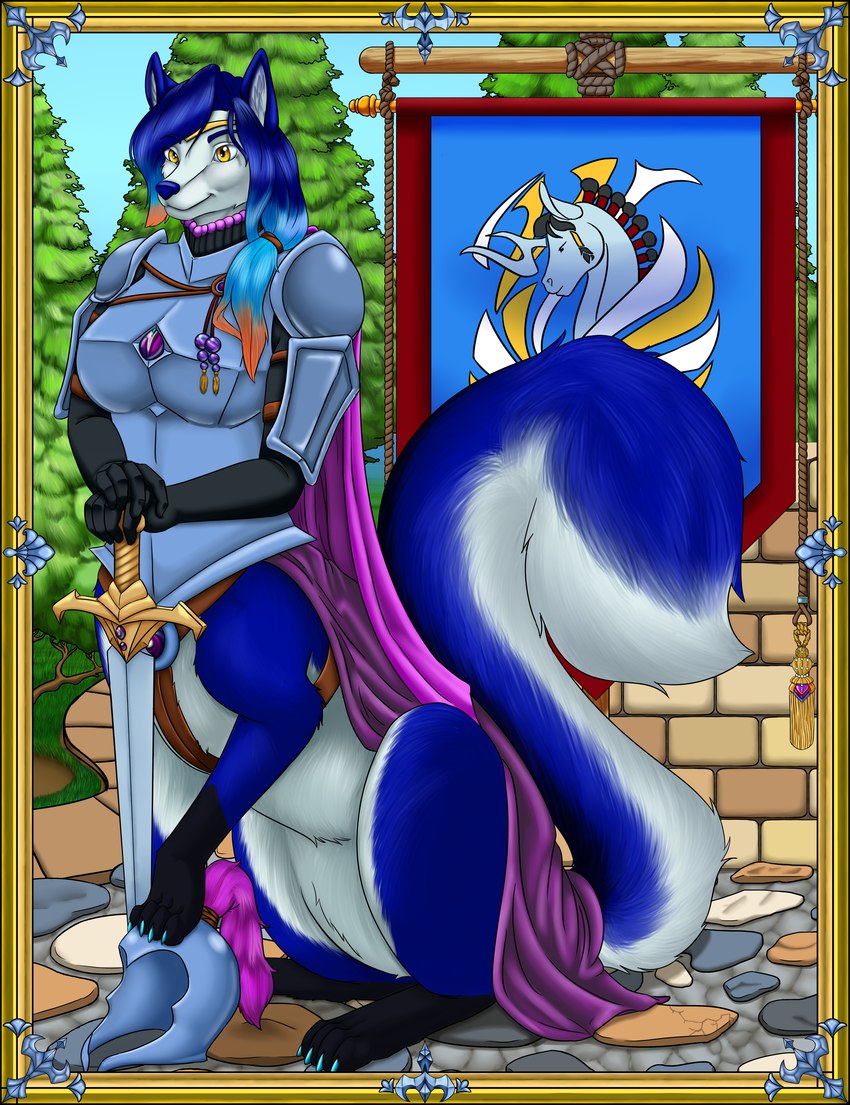 anthro armor banner big_tail black_border blue_body blue_fur blue_hair blue_nails blue_nose border breasts cape clothing colored_nails female female_chestplate fur hair headgear helmet medieval medieval_armor melee_weapon nails noble outside plant red_hair sitting solo sword tail tree weapon white_body white_fur yellow_eyes bluhellwulf basian canid canine canis domestic_dog husky mammal nordic_sled_dog spitz taur absurd_res hi_res