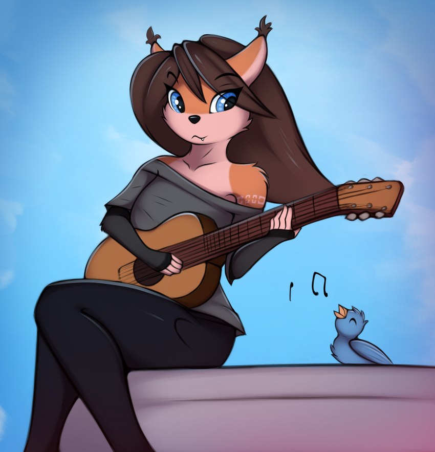 anthro black_nose blue_eyes ear_tuft female front_views guitar musical_instrument outside plucked_string_instrument singing solo string_instrument tuft twiren kella avian bird canid canine fox mammal red_fox true_fox hi_res