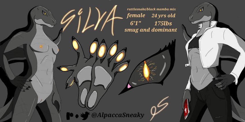 anthro dominant dominant_female feet female genitals glowing glowing_eyes glowing_genitalia glowing_pawpads larger_female nude pawpads paws size_difference solo text alpaccasneaky sylva black_mamba elapid_(snake) mamba pit_viper rattlesnake reptile scalie snake viper 2:1 absurd_res english_text hi_res model_sheet