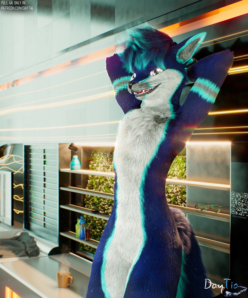 anthro beverage blue_body blue_eyes blue_fur coffee day eyewear feathers fur glasses lamp looking_at_viewer male nude nude_anthro nude_male pose posed smile smiling_at_viewer smirk smirking_at_viewer solo tail warm_light warm_lighting white_body white_fur daytia c4d canid canine fox mammal rexouium 3d_(artwork) cinema_4d_(artwork) digital_media_(artwork) hi_res warm_colors