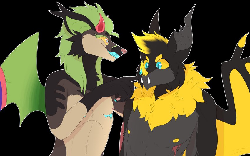 anthro bat_nose bat_wings blue_pupils blue_teeth boop brown_body brown_fur claws duo eyelashes fur green_body green_eyelashes green_fur hair horn long_claws male mastectomy_scar membrane_(anatomy) membranous_wings neck_tuft nipples nose_boop nose_scar notched_ear open_mouth pawpads paws pink_eyes pink_horn pink_paws pupils scar smile teeth tuft wings bustersw0rd_(artist) bats_(lambiechops) j_(lambiechops) bat canid canine mammal patchwork_creature absurd_res alpha_channel digital_media_(artwork) hi_res trans_(lore) trans_man_(lore)