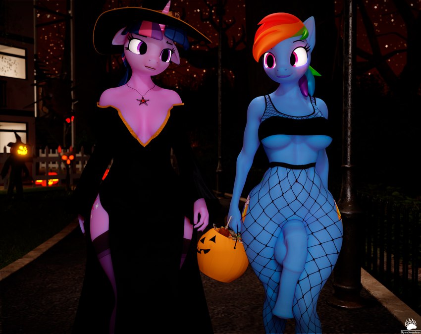 animal_genitalia animal_penis anthro breasts casual_exposure clothing costume crossgender duo equine_genitalia equine_penis female fishnet_clothing ftg_crossgender fti_crossgender fur genitals gynomorph hair hat headgear headwear horn intersex jack-o'-lantern jewelry medial_ring multicolored_hair necklace night penis pink_body pink_fur purple_eyes purple_hair rainbow_hair star under_boob wide_hipped_gynomorph wide_hipped_intersex wide_hips witch_costume witch_hat nyaasapphire friendship_is_magic hasbro my_little_pony mythology rainbow_dash_(mlp) twilight_sparkle_(mlp) equid equine mammal mythological_creature mythological_equine unicorn 3d_(artwork) absurd_res digital_media_(artwork) hi_res