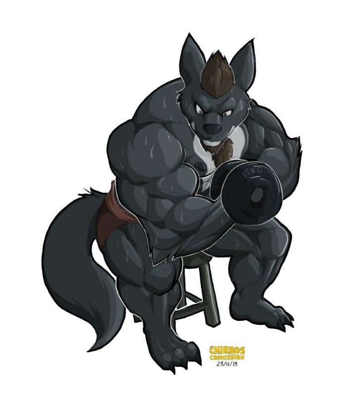 3_toes anthro beard bicep_curl biceps big_muscles biped black_body black_claws black_fur black_nipples black_nose bodily_fluids bottomwear brown_hair claws clothed clothing dumbbell exercise facial_hair feet fur grey_body grey_fur hair huge_muscles male multicolored_body multicolored_fur muscular muscular_anthro muscular_male nipples shorts simple_background sitting solo sweat toes topless two_tone_body two_tone_fur vein veiny_muscles weightlifting weights white_background workout chirros nex_anima_canis canid canine canis mammal wolf 2019 hi_res