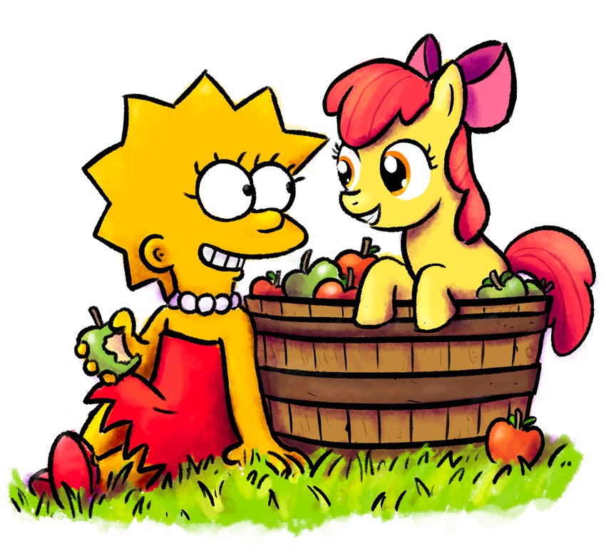 apple duo female female/female food fruit grass green_apple happy on_ground pink_bow plant red_apple simple_background smile white_background yellow_body yellow_skin larrychan_(artist) friendship_is_magic hasbro my_little_pony the_simpsons apple_bloom_(mlp) lisa_simpson equid equine horse human mammal pony crossover hi_res