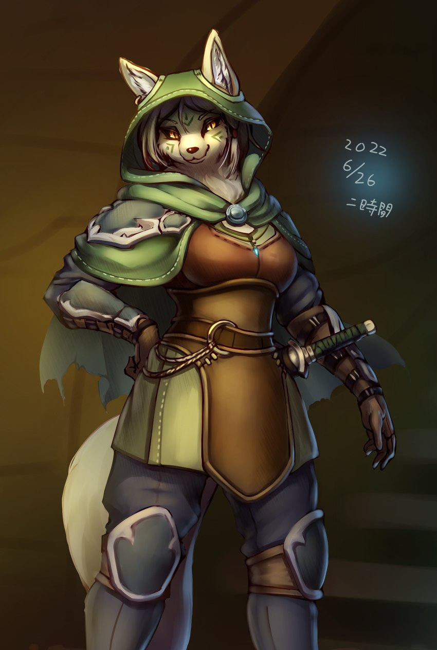 anthro armguards armor breastplate clothing female female_anthro fur furgonomics gloves hair hand_on_hip handwear hood kemono knee_pads knife leather leather_armor looking_at_viewer shoulder_pads simple_background smile solo tattoo white_body white_fur white_hair yellow_eyes ni_jikan canid canine fox mammal hi_res portrait three-quarter_portrait