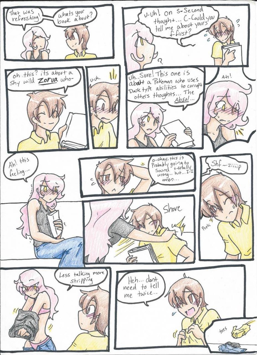 book bra brown_hair clothing dialogue female hair male panties pink_hair text underwear undressing rainbowraven jaki-kun_(character) human mammal 2019 colored colored_pencil_(artwork) comic english_text hi_res traditional_media_(artwork)