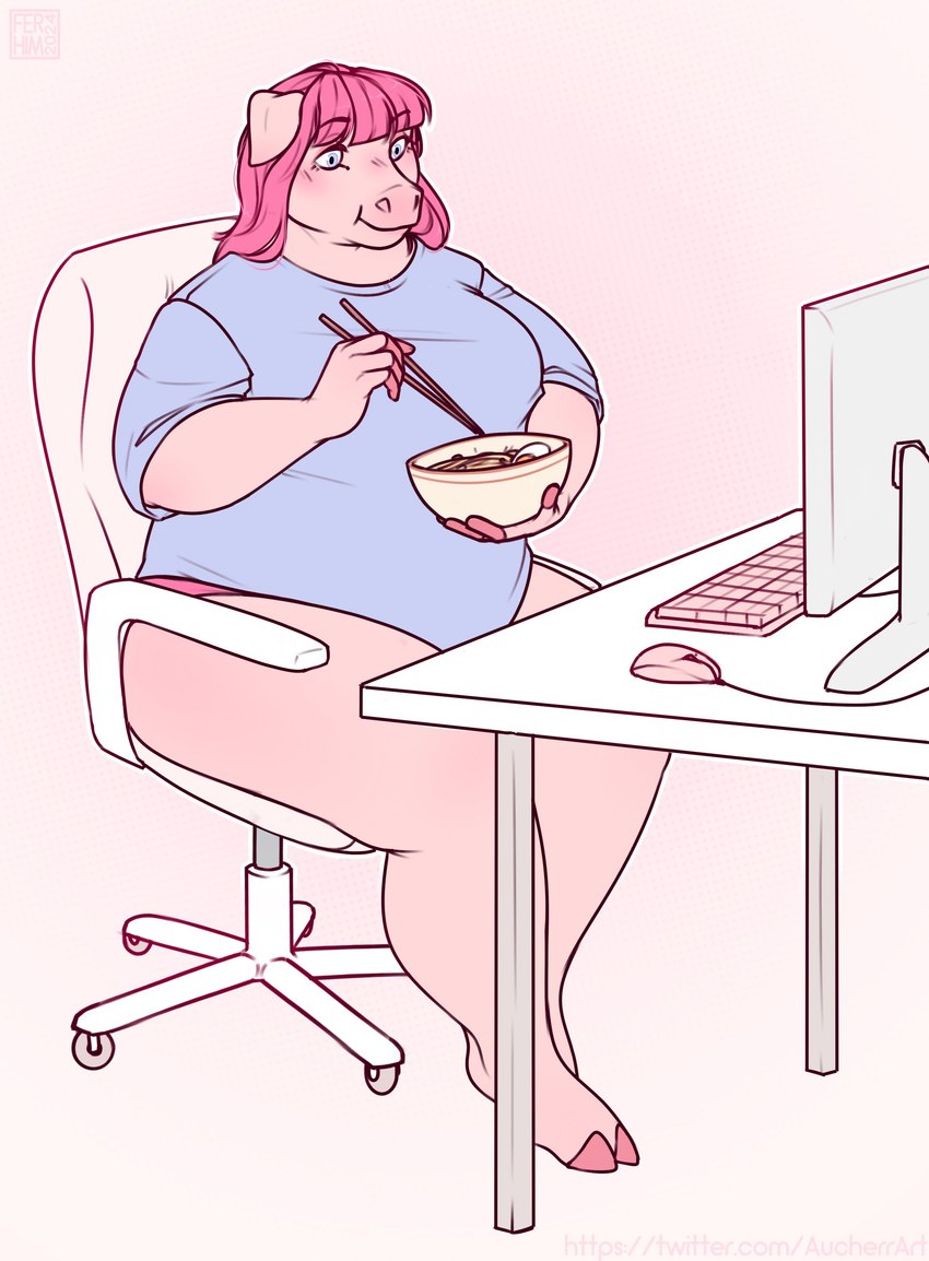 anthro belly big_breasts blue_clothing blue_eyes blue_shirt blue_topwear blush bowl breasts chair clothing computer_mouse container desk eating electronics female floppy_ears furniture hair holding_bowl holding_container holding_object keyboard long_hair looking_at_computer looking_at_object makeup mascara monitor office_chair overweight overweight_female panties pink_body pink_clothing pink_hair pink_panties pink_underwear shirt simple_background solo table topwear underwear aucherr domestic_pig mammal suid suine sus_(pig) 2024 absurd_res hi_res