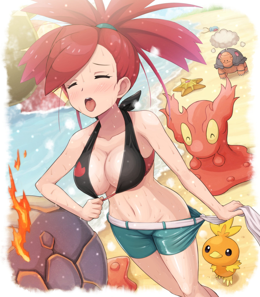 beach big_breasts blush bodily_fluids bottomwear bottomwear_pull breasts clothing clothing_pull dutch_angle eyes_closed feathers female feral fire group gym_leader hair heat_(temperature) high-angle_view human_focus orange_body orange_feathers orange_skin pants pants_pull ponytail red_body red_hair seaside shell sweat undressing water pokemoa nintendo pokemon flannery_(pokemon) asterozoan echinoderm generation_1_pokemon generation_2_pokemon generation_3_pokemon human mammal marine pokemon_(species) slugma starfish staryu tentacool torchic torkoal absurd_res digital_media_(artwork) hi_res