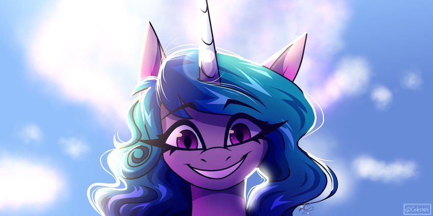 black_eyeliner blue_hair eyeliner female hair horn lens_flare low-angle_view makeup purple_eyes sky smile solo celes-969 hasbro mlp_g5 my_little_pony mythology izzy_moonbow_(mlp) equid equine mammal mythological_creature mythological_equine unicorn 2:1 hi_res redraw