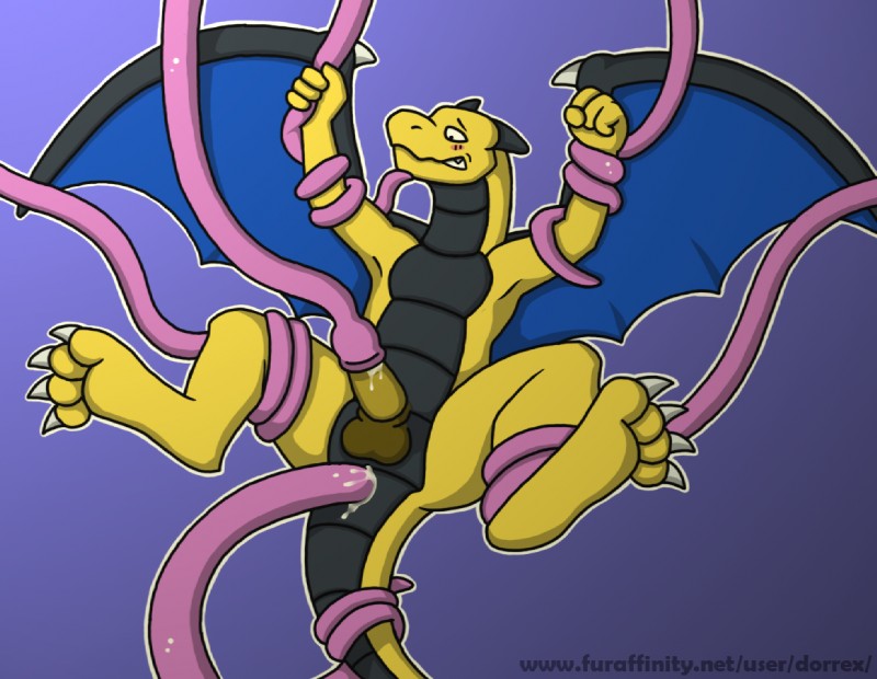 anal anal_penetration anthro balls bodily_fluids cum erection feet genital_fluids genitals male penetration penis simple_background solo tail tentacles toes wings dorrex mythology igor_(character) dragon mythological_creature mythological_scalie scalie