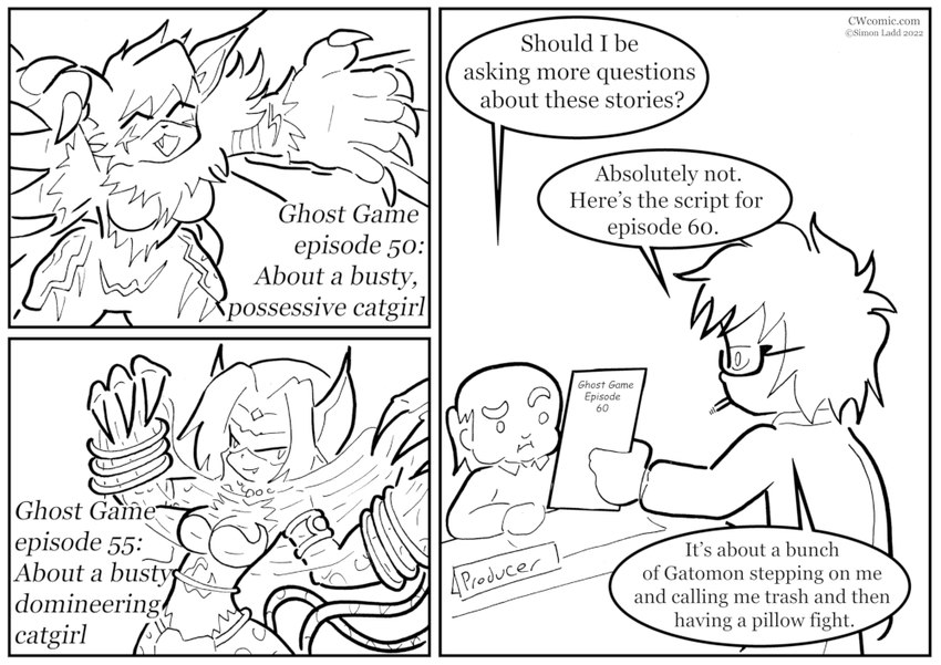 anthro border dialogue eyewear female glasses group humor male text white_border blitzcomicguy bandai_namco digimon digimon_ghost_game animal_humanoid beastmon cat_humanoid digimon_(species) felid felid_humanoid feline feline_humanoid human humanoid mammal mammal_humanoid meicrackmon_vicious_mode comic english_text monochrome