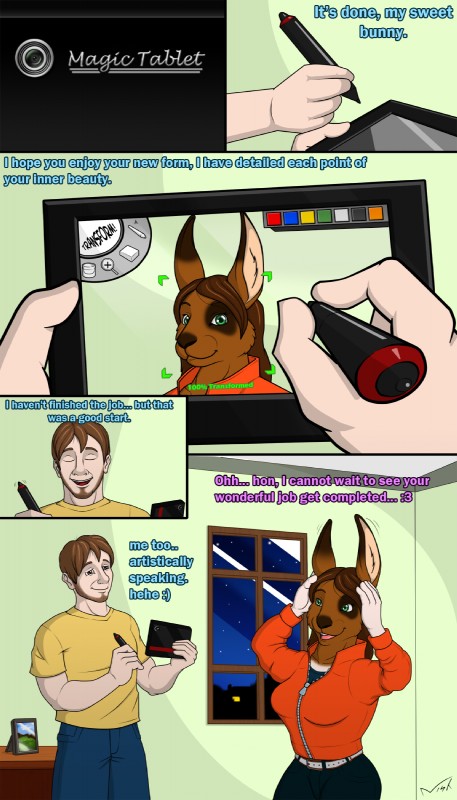 breaking_the_fourth_wall brown_hair dialogue drawing_tablet drawn_over facial_hair female hair magic male smile tablet tablet_pen talking_to_artist talking_to_drawing text transformation transformation_through_technology nisharu human lagomorph leporid mammal rabbit 4:7 comic english_text hi_res