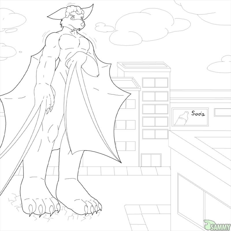 anthro big_ears body_size_growth cloud macro male nude outdoor_nudity outside size_transformation sky solo transformation sammysapphire luther_(luther-bat) bat mammal 1:1 sequence