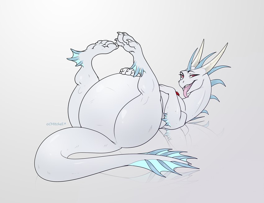 belly big_belly diamond_(gem) digestion female feral gem horn long_tail red_eyes solo tail vore white_body white_skin cmitchell mythology dragon mythological_creature mythological_scalie scalie hi_res