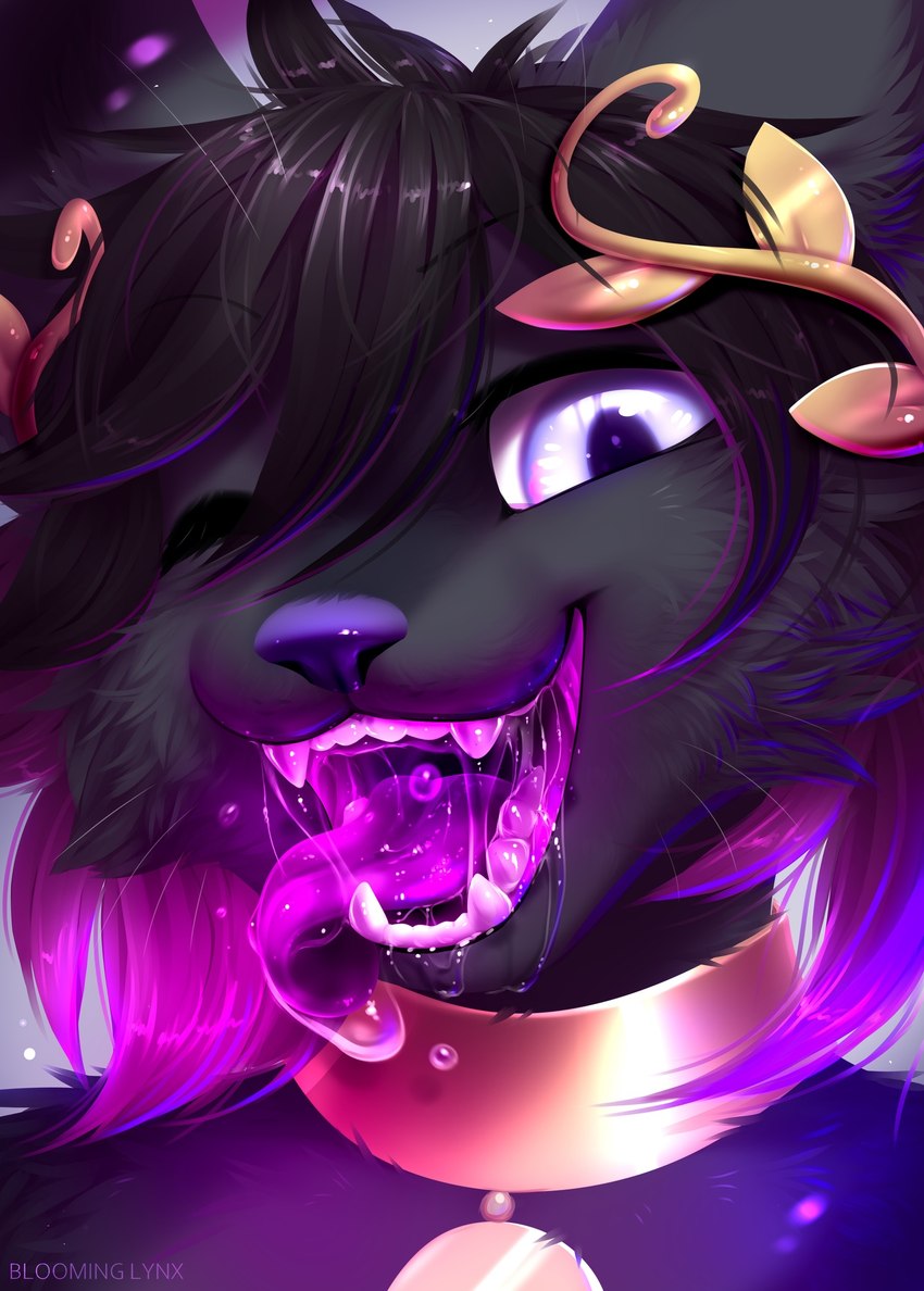 anthro bioluminescence black_hair blue_eyes bodily_fluids colored_saliva drooling glowing glowing_saliva gold_(metal) gold_jewelry hair jewelry looking_at_viewer male mouth_shot one_eye_closed open_mouth purple_nose purple_saliva purple_teeth purple_tongue saliva solo teeth teeth_showing tongue tongue_out unusual_bodily_fluids unusual_saliva wink winking_at_viewer bloominglynx suerte deity domestic_cat felid feline felis mammal 2022 digital_media_(artwork) digital_painting_(artwork) headshot_portrait hi_res painting_(artwork) portrait shaded