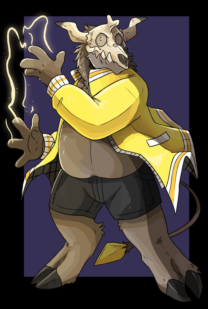 anthro black_bottomwear black_clothing black_shorts bone bottomwear brown_body brown_fur clothed clothing electricity front_view fur jacket male mouth_closed open_clothing open_jacket open_topwear overweight overweight_anthro overweight_male purple_background shorts simple_background skull skull_head solo standing topwear yellow_clothing yellow_eyes yellow_jacket_(clothing) yellow_topwear imperatorcaesar full-length_portrait hi_res portrait