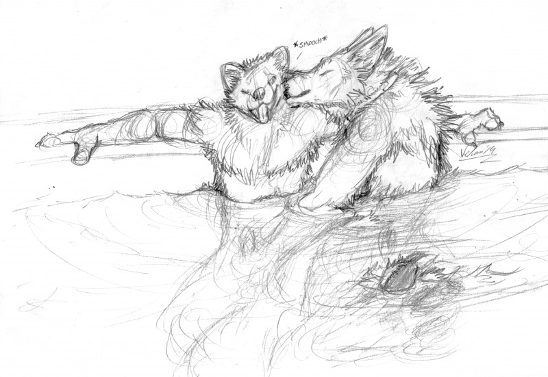 anthro collar duo genitals handjob kissing male male/male nose_wrinkle nude penile penis sex vellum prescott tuuwa canid canine canis coyote gulonine mammal marten mustelid musteline pine_marten hi_res monochrome sketch