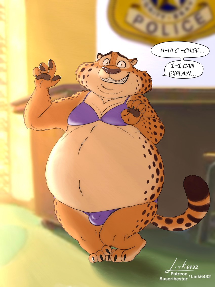 3_toes 4_fingers anthro belly big_belly big_cheeks bikini bikini_bottom bikini_bulge bikini_top biped black_claws bulge caught_in_the_act chubby_cheeks claws clothed clothing crossdressing detailed_background detailed_bulge dialogue feet femboy fingerpads fingers fur hand_pawpads male male_anthro nervous_smile obese overweight pawpads solo speech_bubble spots swimwear text toes twiddling_toes two-piece_swimsuit link6432 disney zootopia benjamin_clawhauser cheetah felid feline mammal 2024 absurd_res hi_res