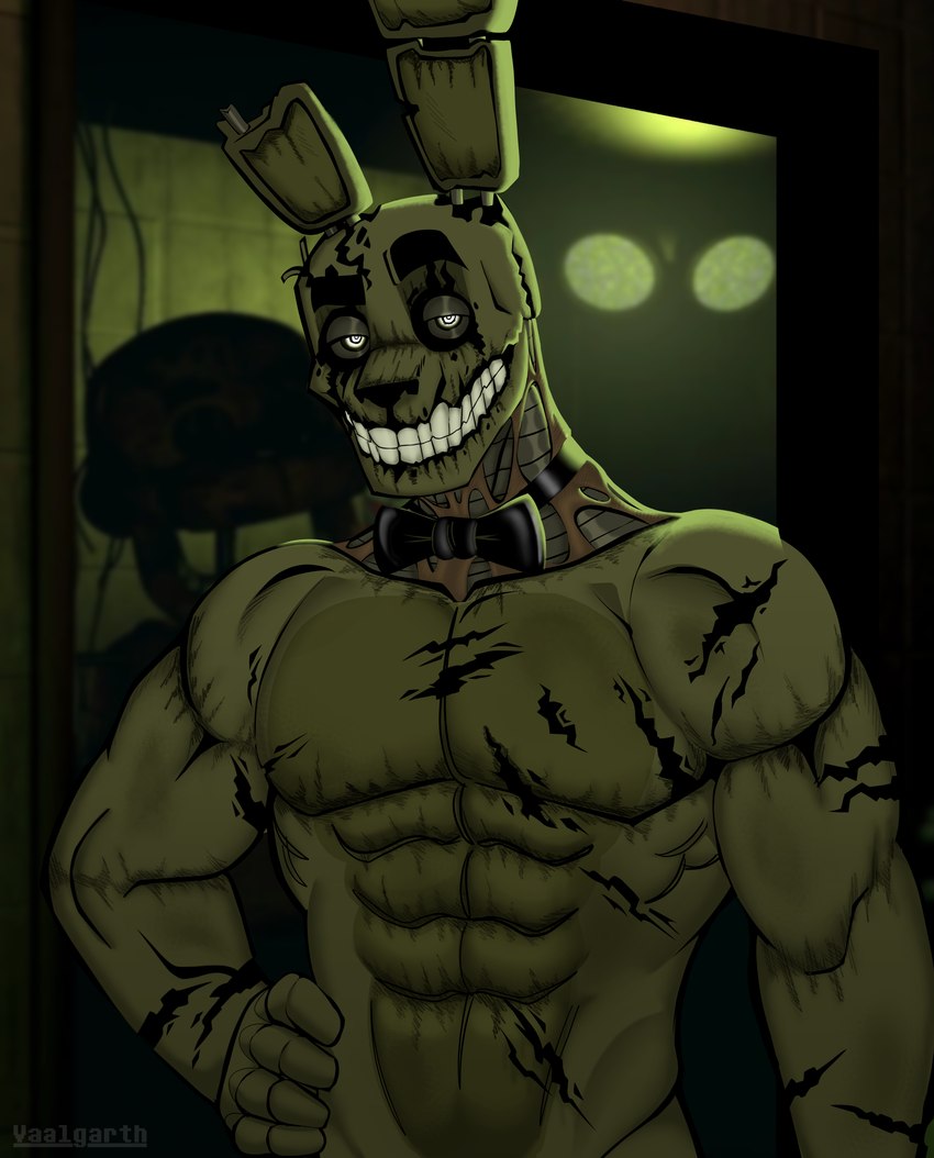 abs anthro bow_tie damaged green_body half-closed_eyes hand_on_hip looking_at_viewer machine male muscular muscular_anthro muscular_male narrowed_eyes solo springt standing teeth teeth_showing unimpressed vaalgarth five_nights_at_freddy's five_nights_at_freddy's_3 scottgames springtrap_(fnaf) animatronic lagomorph leporid mammal rabbit robot absurd_res hi_res