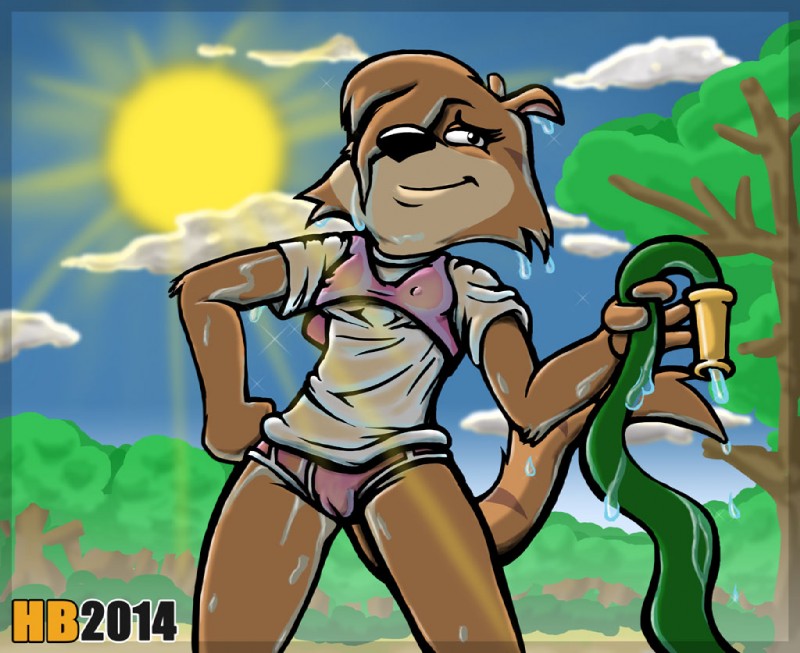 anthro biped camel_toe clothing female holding_object outside plant solo standing tree wet wet_clothing hentai_boy_(artist) gumnutz:_a_juicy_tale pepper_(gumnutz) dasyuromorph mammal marsupial numbat