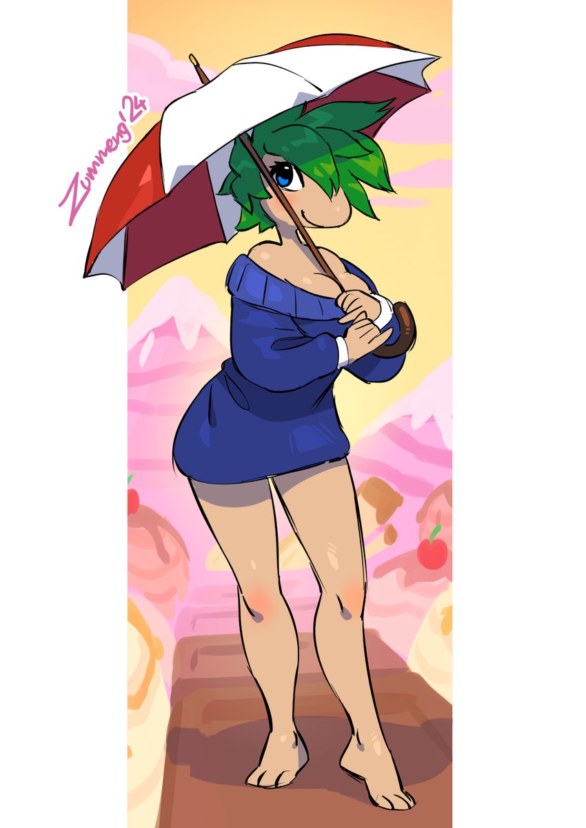 anthro barefoot between_breasts big_breasts blue_eyes breasts cleavage clothed clothing detailed_background feet female green_hair hair hair_over_eye looking_at_viewer one_eye_obstructed smile smiling_at_viewer solo sweater_dress thick_thighs tiptoes topwear umbrella wide_hips zummeng lemmings cricetid lemming mammal rodent 2024 hi_res