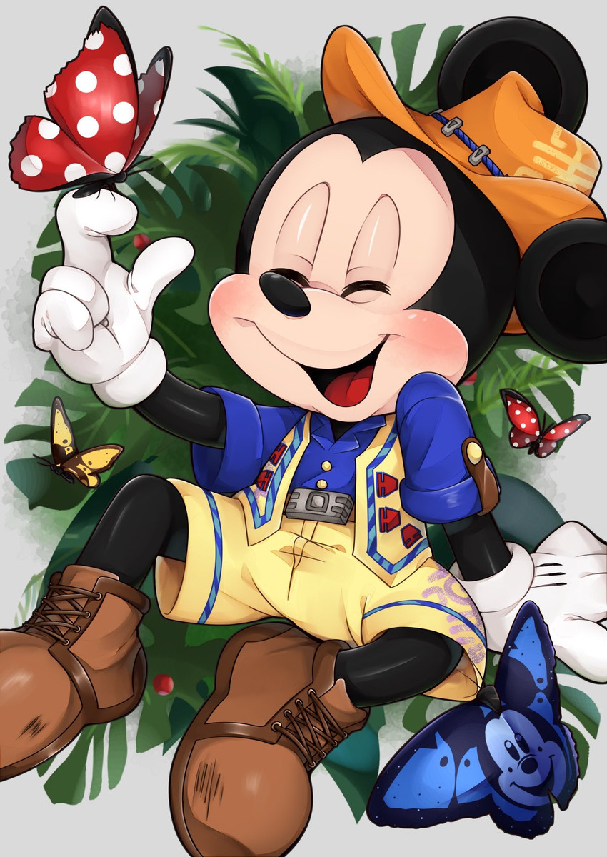 ambiguous_gender anthro blush clothing eyes_closed footwear gloves group handwear hat headgear headwear jacket male open_mouth open_smile sitting smile tongue topwear wings sh_disney disney mickey_mouse arthropod butterfly insect lepidopteran mammal mouse murid murine rodent 2020 hi_res