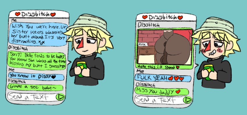 anthro anus balls big_butt bite biting_lip biting_own_lip black_clothing black_sweater black_topwear blonde_hair brown_body brown_fur brown_tail butt cellphone chat clothing daddy_kink dialogue duo electronics excited exclamation_point fur genitals green_background hair half-closed_eyes hat headgear headwear heart_after_text heart_symbol holding_cellphone holding_object holding_phone looking_at_cellphone looking_at_object looking_at_phone male male/male narrowed_eyes phone phone_screen phone_view presenting presenting_hindquarters profanity red_clothing red_nose red_shirt red_topwear self_bite sexting shirt simple_background smile standing sweater tail tan_body tan_ears tan_skin text text_box texting thick_thighs topwear two_tone_tail white_clothing white_hat white_headwear roccorox animal_crossing nintendo digby_(animal_crossing) villager_(animal_crossing) canid canine canis domestic_dog human mammal shih_tzu toy_dog 2017 digital_media_(artwork) english_text