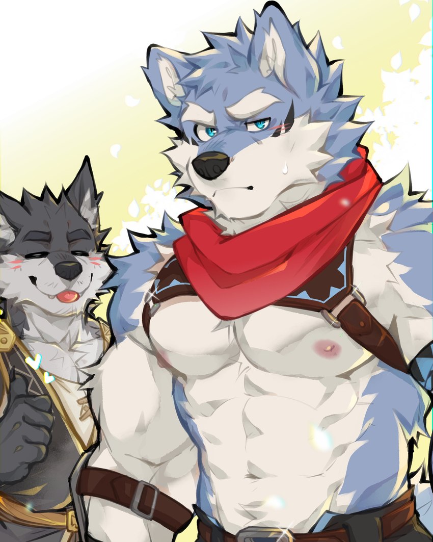 abs anthro blep blue_eyes blush duo eyebrows fur gesture grey_body grey_fur hand_gesture harness leather male male/male nipples pecs scarf shirtless thick_eyebrows thumbs_up tongue tongue_out fwflunky crave_saga hakuma_(crave_saga) canid canine canis mammal wolf 4:5 absurd_res hi_res